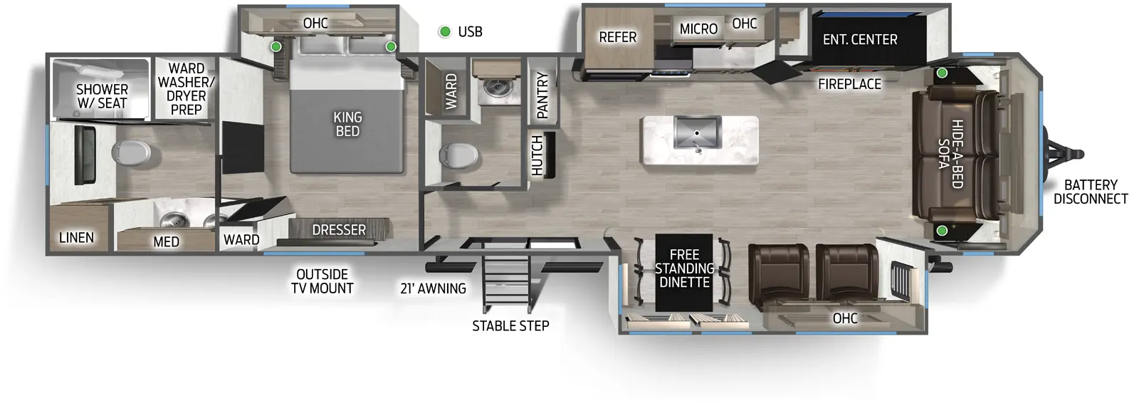 The Timberwolf 39NA floorplan has one entry and three slide outs. Exterior features include: metal exterior and 21' awning. Interiors features include: kitchen island, free-standing dinette option, front living, rear bathroom and bathroom and a half.